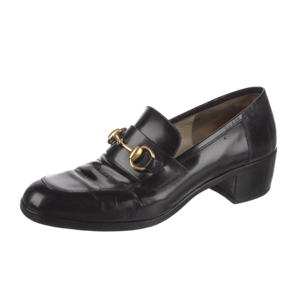 Gucci Black Leather Mid Heel Horsebit Loafers - Picture 2 of 6
